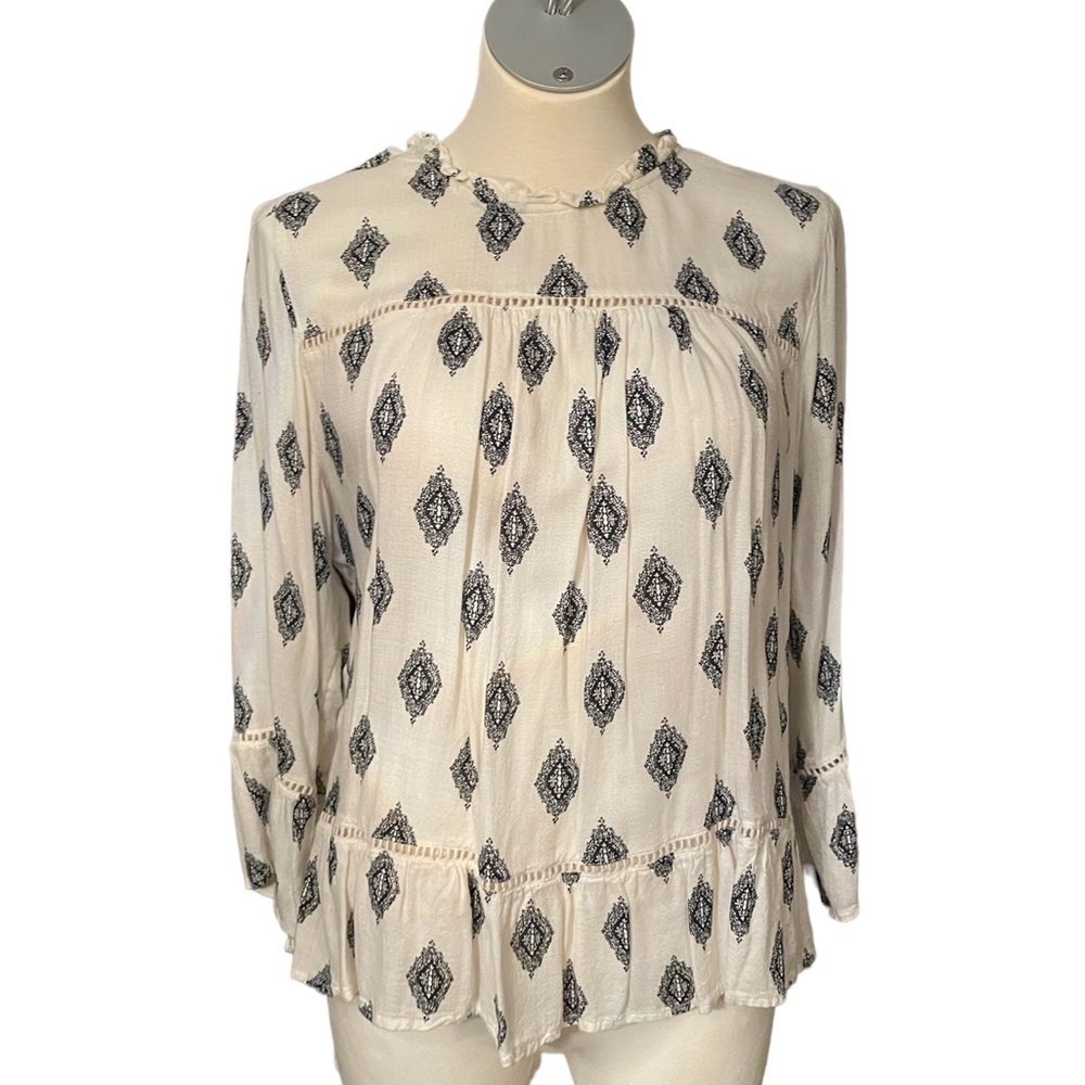 Lucky Brand Women’s Blouse Button Down Back 3/4 Sleeve Beige and Black Pattern L - Picture 1 of 7